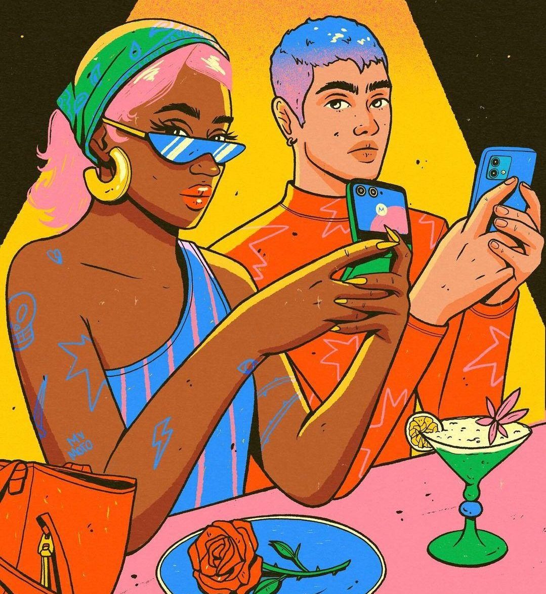 Illustration von zwei Personen, die auf ihre Smartphones schauen, während sie bei einem Date sitzen. Symbolisiert, wie Dating-Apps emotionale Distanz und Depression fördern können und wie KI dabei helfen soll.