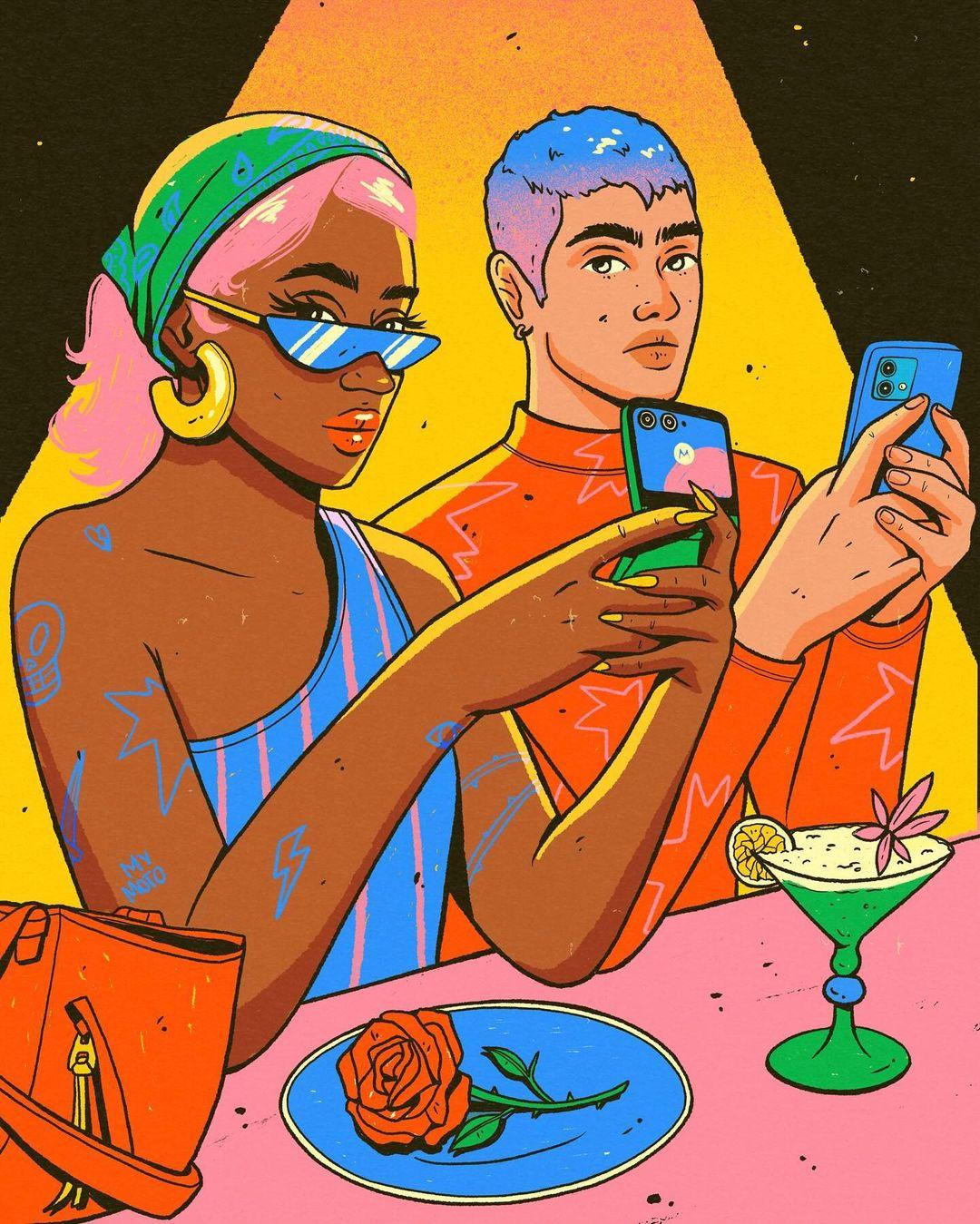Illustration von zwei Personen, die auf ihre Smartphones schauen, während sie bei einem Date sitzen. Symbolisiert, wie Dating-Apps emotionale Distanz und Depression fördern können und wie KI dabei helfen soll.